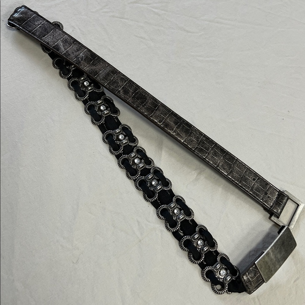 Metallic pleather elastic metal and gemstone 80’s grunge belt, 34”
